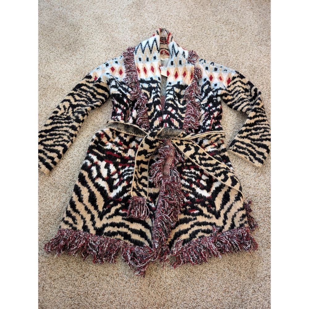 Anthropologie Paloma Fringed Cardigan Zebra Print Wrap Sweater XS New
